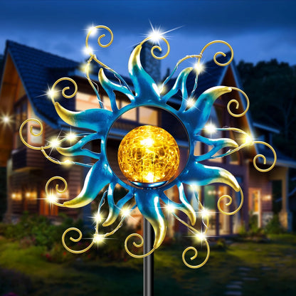 Watimin 38*12*12 in LED Solar Garden Metal Lights Sun Decorative with Cracked Glass Globes and Blue String Stake Lights