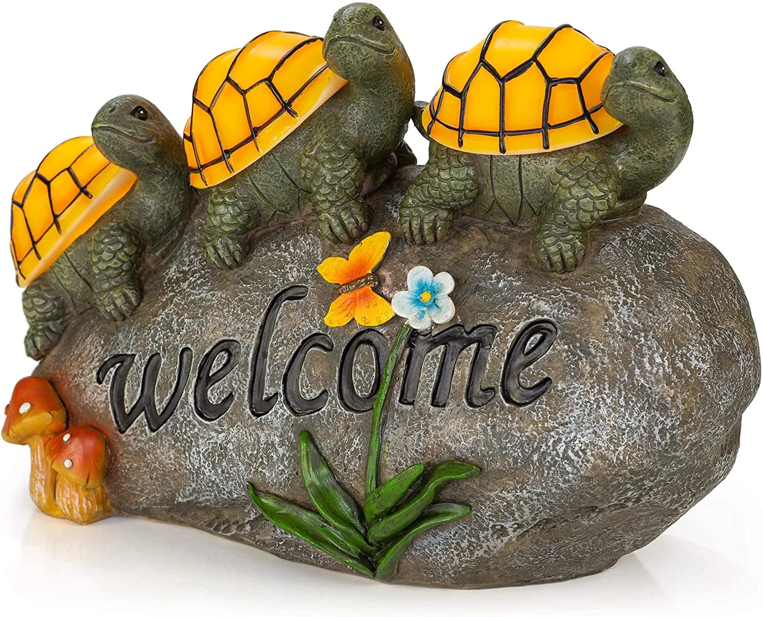 Solar Powered LED Garden Light with Welcome Turtles on a Rock - Outdoor Garden Decor Statue Featuring Black Bear and Gnomes, Perfect for Clearance Sale