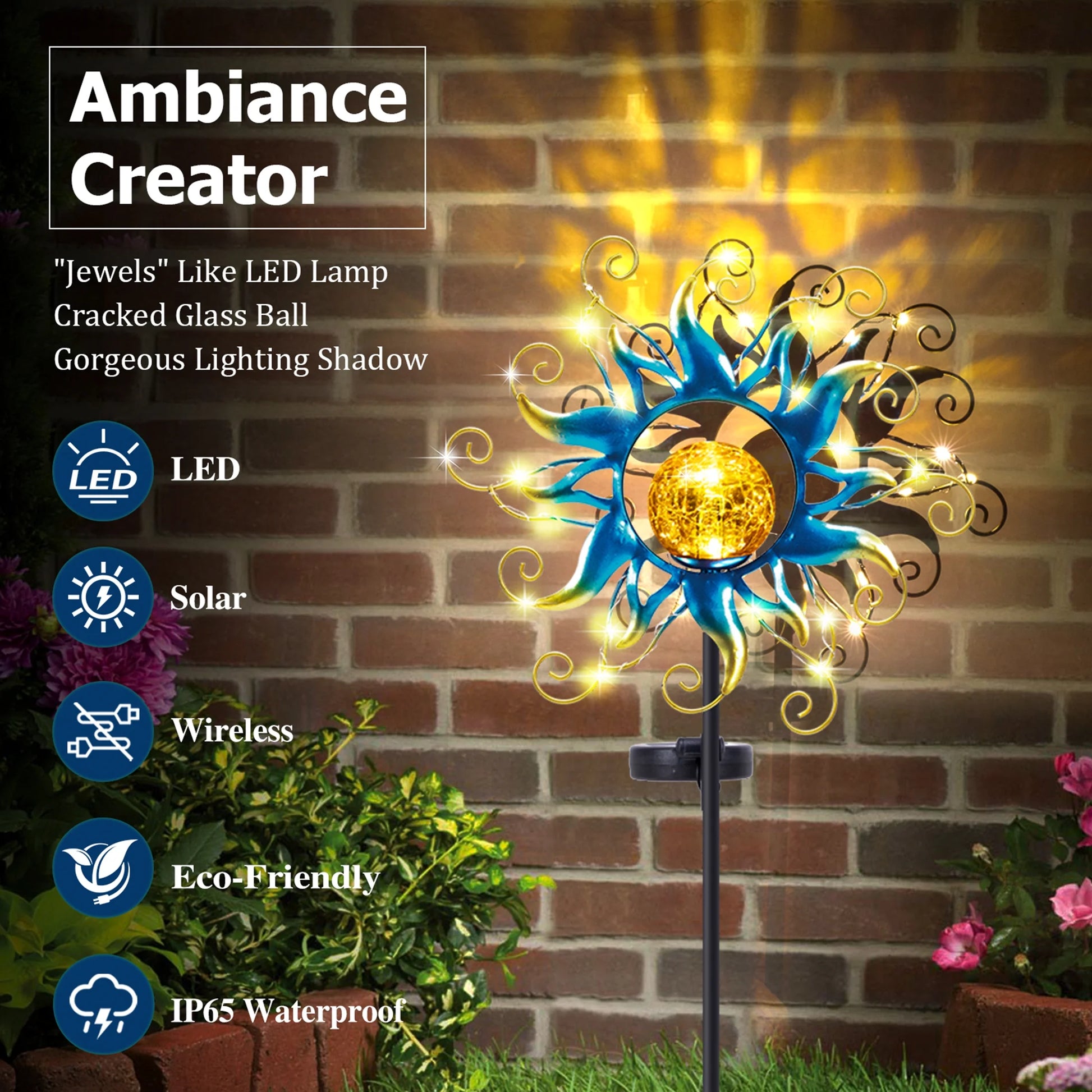 Watimin 38*12*12 in LED Solar Garden Metal Lights Sun Decorative with Cracked Glass Globes and Blue String Stake Lights