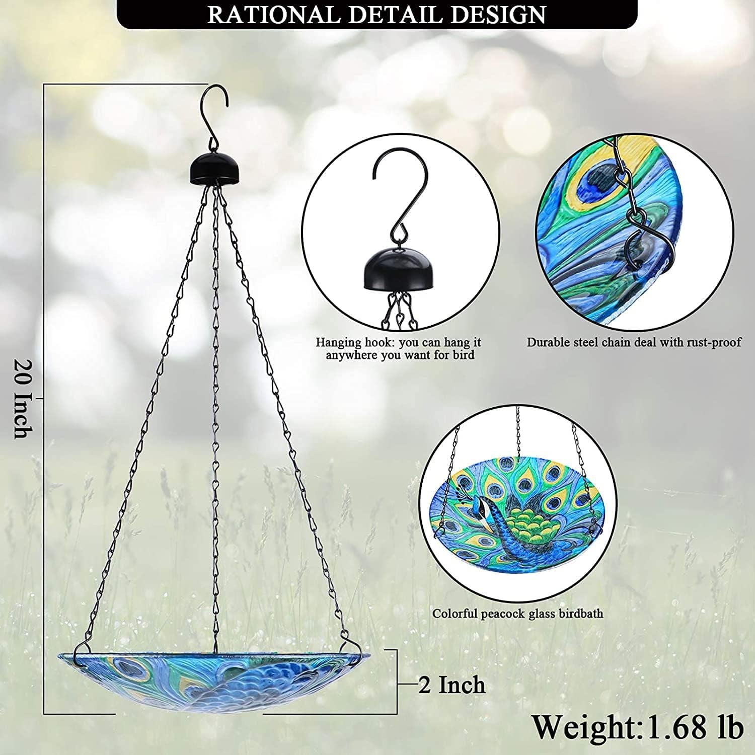 Bird Bath Hanging for Outdoor Glass Small Bird Feeder Bowl Garden Decoration 11 Inch Peacock (Peacock 1)