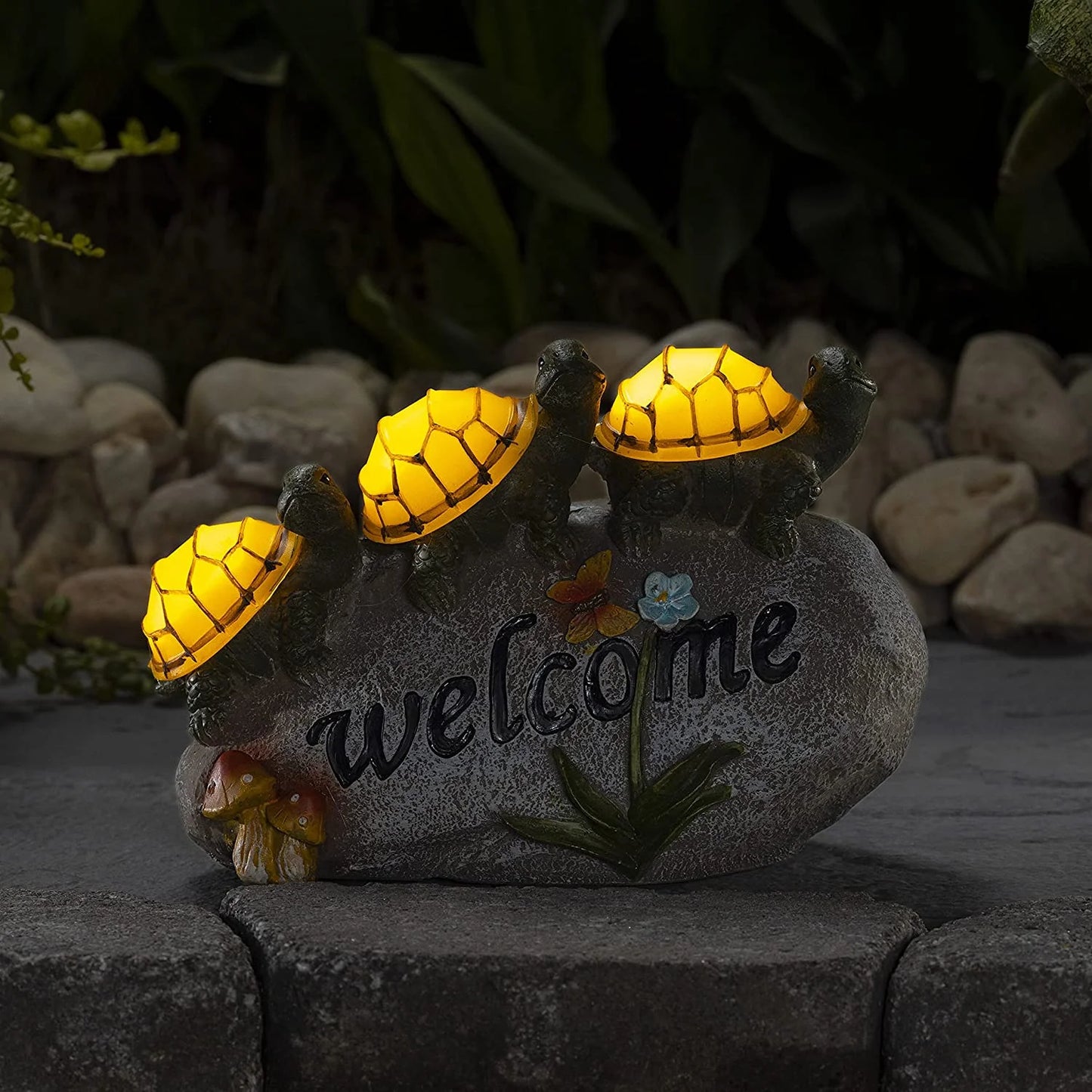 Solar Powered LED Garden Light with Welcome Turtles on a Rock - Outdoor Garden Decor Statue Featuring Black Bear and Gnomes, Perfect for Clearance Sale