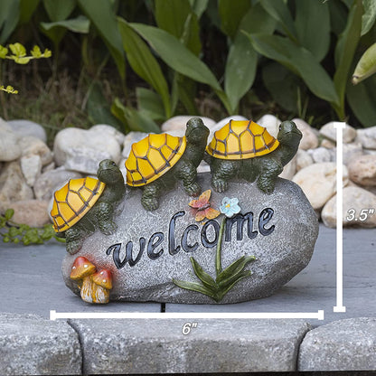 Solar Powered LED Garden Light with Welcome Turtles on a Rock - Outdoor Garden Decor Statue Featuring Black Bear and Gnomes, Perfect for Clearance Sale