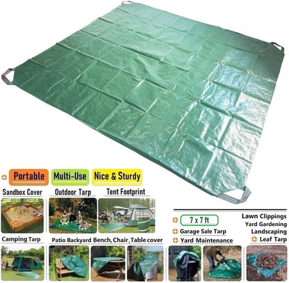 7X7 Ft Yard Garden Leaf Tarp W/ 4 Handles Waterproof Tarp for Sandbox Cover,Outdoor Tarpaulin,Lawn Debris,Landscape Pruning,Yard Leaf Hauler,Tent Footprint,Camping Tent Mat,Patio Table,Fire Pit Cover