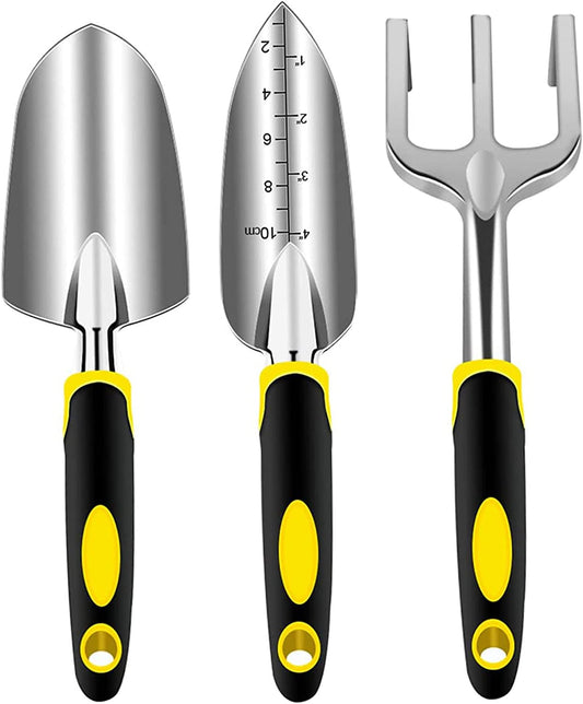 Garden Tools Set, 3 Pcs Aluminum Lightweight Gardening Tool Kit with Soft Rubberized Handle Heavy Duty Durable Garden Hand Shovel Transplant Trowel and Hand Rake Garden Gift Kit