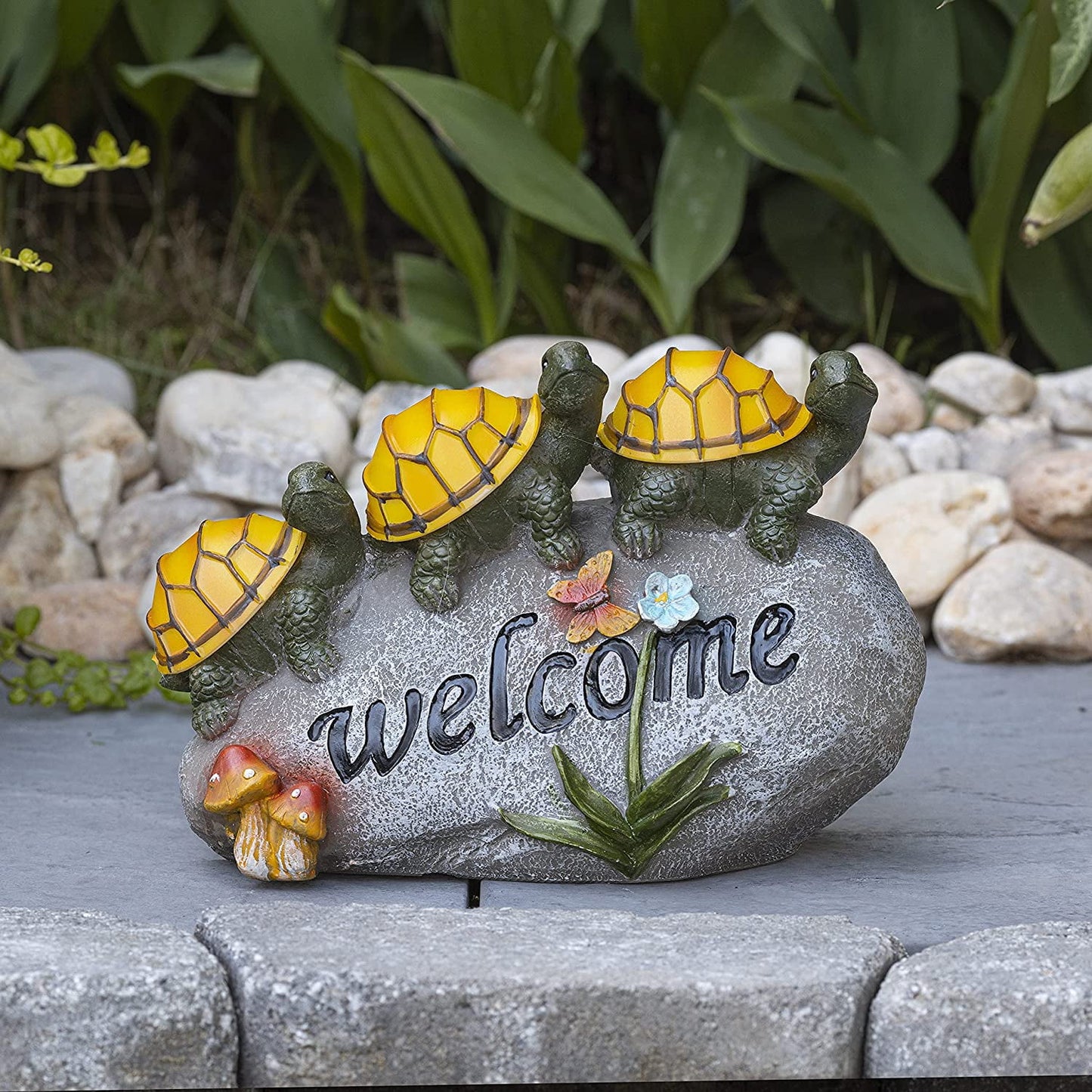 Solar Powered LED Garden Light with Welcome Turtles on a Rock - Outdoor Garden Decor Statue Featuring Black Bear and Gnomes, Perfect for Clearance Sale