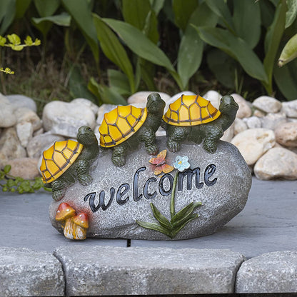 Solar Powered LED Garden Light with Welcome Turtles on a Rock - Outdoor Garden Decor Statue Featuring Black Bear and Gnomes, Perfect for Clearance Sale