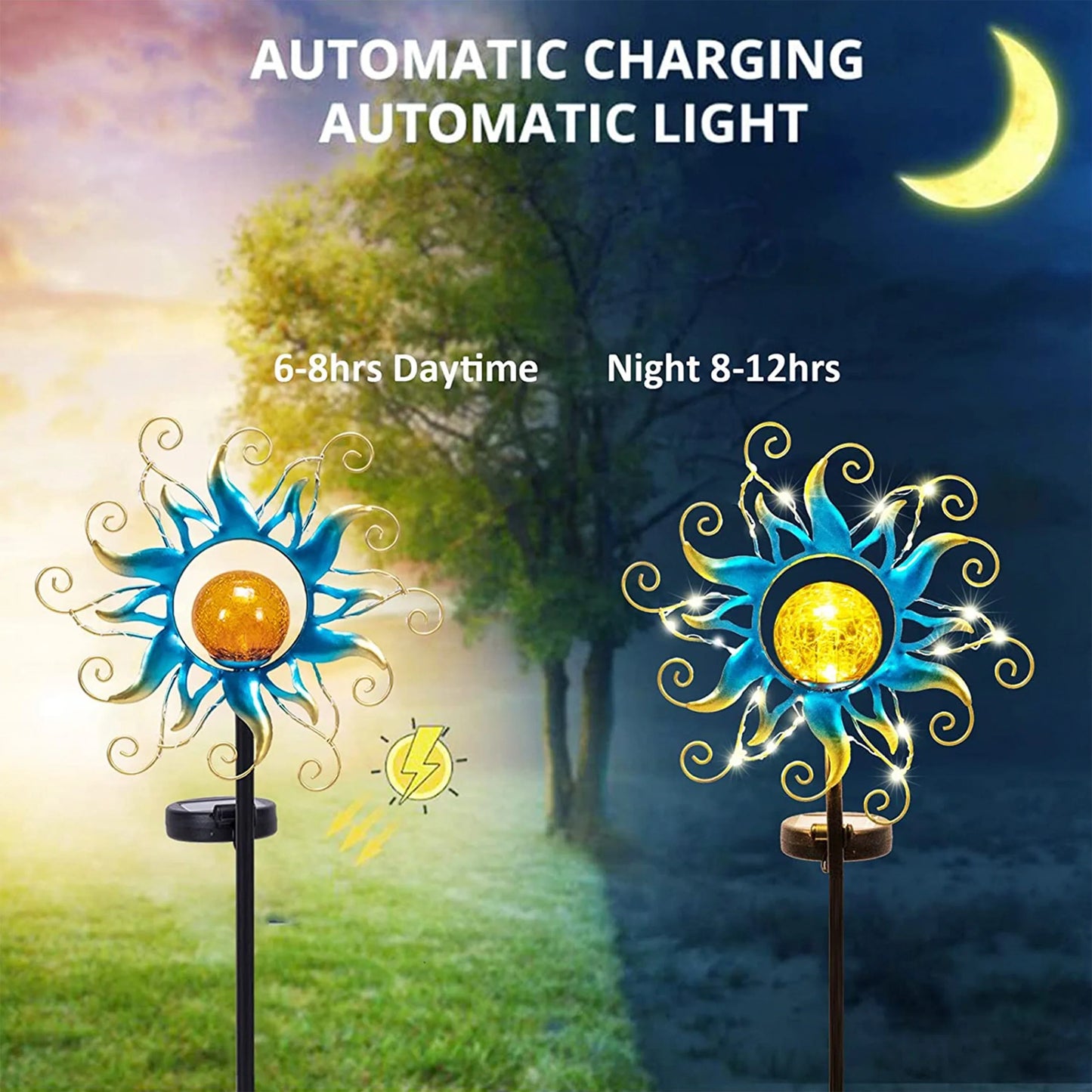 Watimin 38*12*12 in LED Solar Garden Metal Lights Sun Decorative with Cracked Glass Globes and Blue String Stake Lights