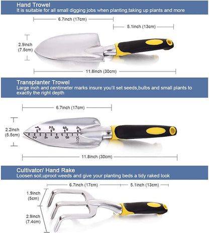 Garden Tools Set, 3 Pcs Aluminum Lightweight Gardening Tool Kit with Soft Rubberized Handle Heavy Duty Durable Garden Hand Shovel Transplant Trowel and Hand Rake Garden Gift Kit