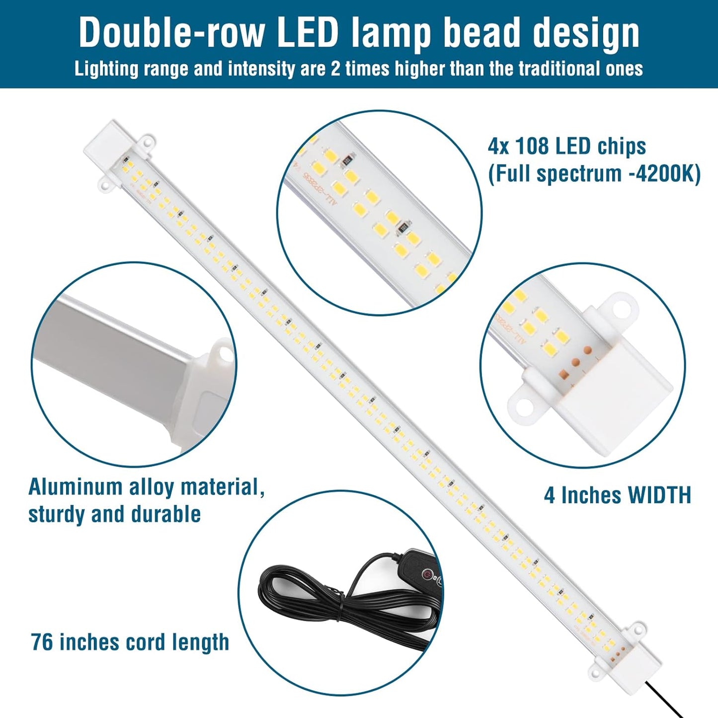 Grow Lights for Indoor Plants, 4 Packs LED Strips Full Spectrum with Auto Timer 3/6/12H, Dimmable Sunlike Growing Lamp for Greenhouse,Seedling,432 Leds (16 Inches)