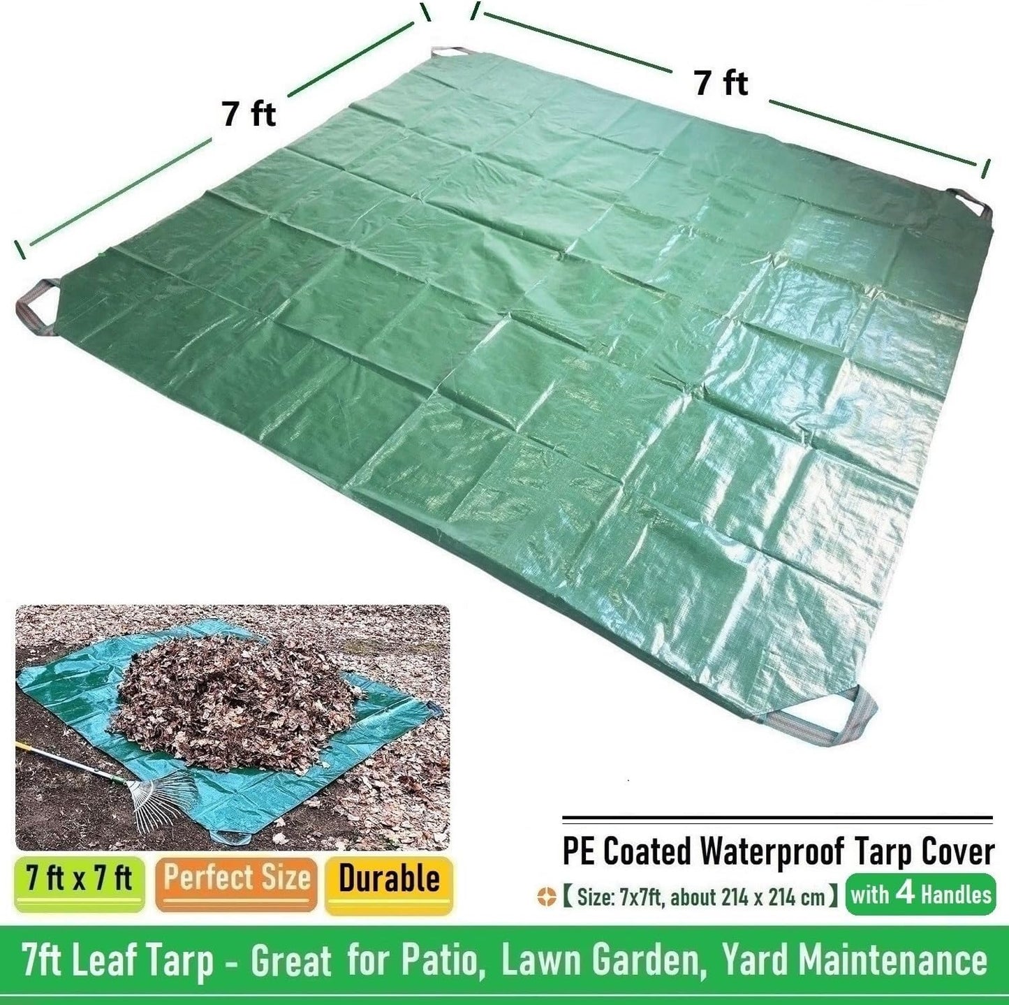 7X7 Ft Yard Garden Leaf Tarp W/ 4 Handles Waterproof Tarp for Sandbox Cover,Outdoor Tarpaulin,Lawn Debris,Landscape Pruning,Yard Leaf Hauler,Tent Footprint,Camping Tent Mat,Patio Table,Fire Pit Cover