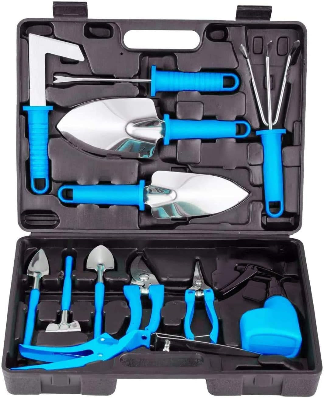 Garden Tools Set,14 Pieces Stainless Steel Gardening Hand Tool,Garden Gifts for Women Men Gardener,Ergonomic Handle Trowel Rake Weeder Pruner Shears Sprayer, Garden Hand Tools with Carrying Case(Blue)